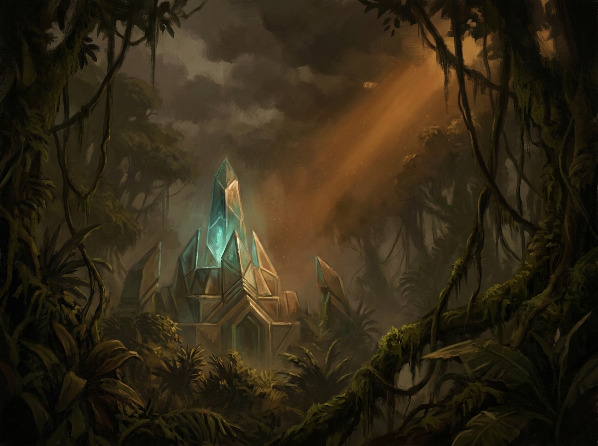 Xel'Naga-Tempel, von Vegetation überwuchert, Reliefs noch sichtbar