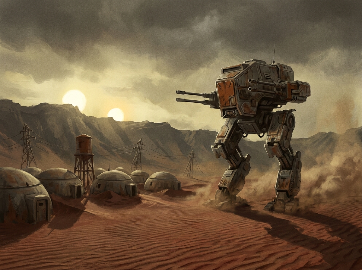 Terranische Grenzkolonie mit eingesandeten Kuppeln, Walker-Silhouette am Horizont