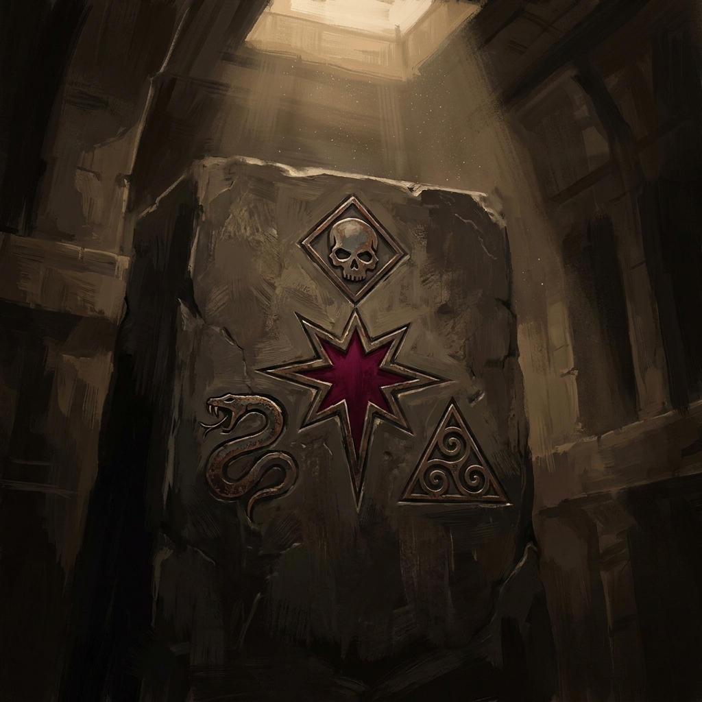 Drei-Fraktionen-Wappen in Metall auf Stein: Terran, Zerg, Protoss