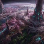 Ein ganzer Planet aus der Umlaufbahn: Kontinente bedeckt mit windendem violettem Creep, massive biologische Spitzen wie Pilztürme, lebende Wolkenschichten in der Atmosphäre