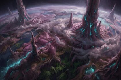 Ein ganzer Planet aus der Umlaufbahn: Kontinente bedeckt mit windendem violettem Creep, massive biologische Spitzen wie Pilztürme, lebende Wolkenschichten in der Atmosphäre