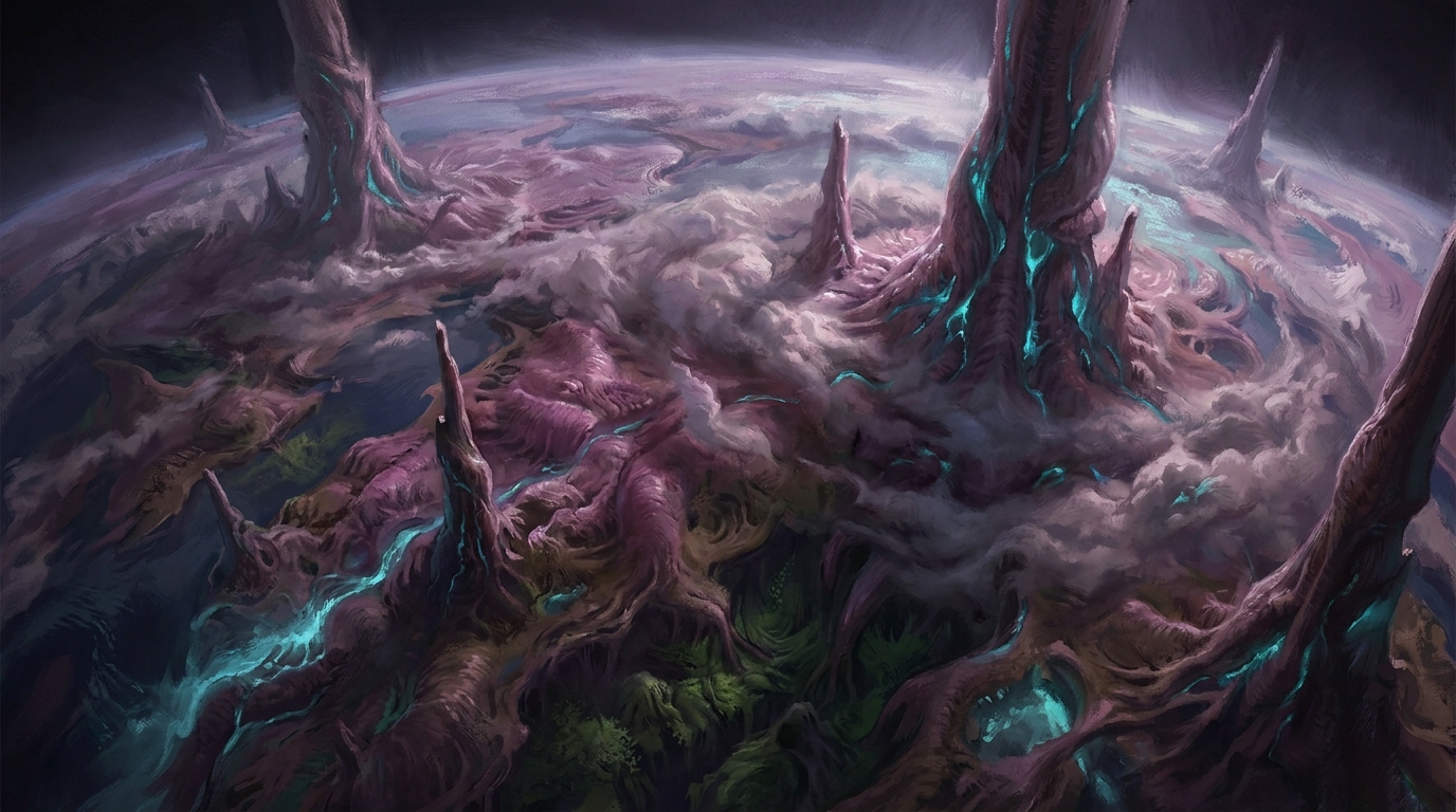 Ein ganzer Planet aus der Umlaufbahn: Kontinente bedeckt mit windendem violettem Creep, massive biologische Spitzen wie Pilztürme, lebende Wolkenschichten in der Atmosphäre