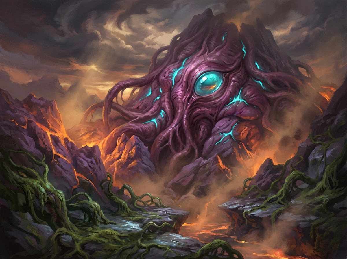 Der Overmind: ein kolossaler Berg aus empfindendem Fleisch und Wurzelfasern auf Char vergraben, sein einzelnes zyklopisches Auge spiegelt den Lava-Himmel