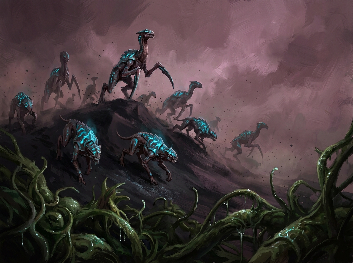 Ein Schwarm Hydralisken und Zerglinge bricht über eine Aschedüne auf Char, Chitinhüllen biolumineszent schimmernd, keine Menschen im Bild — nur Raubzug