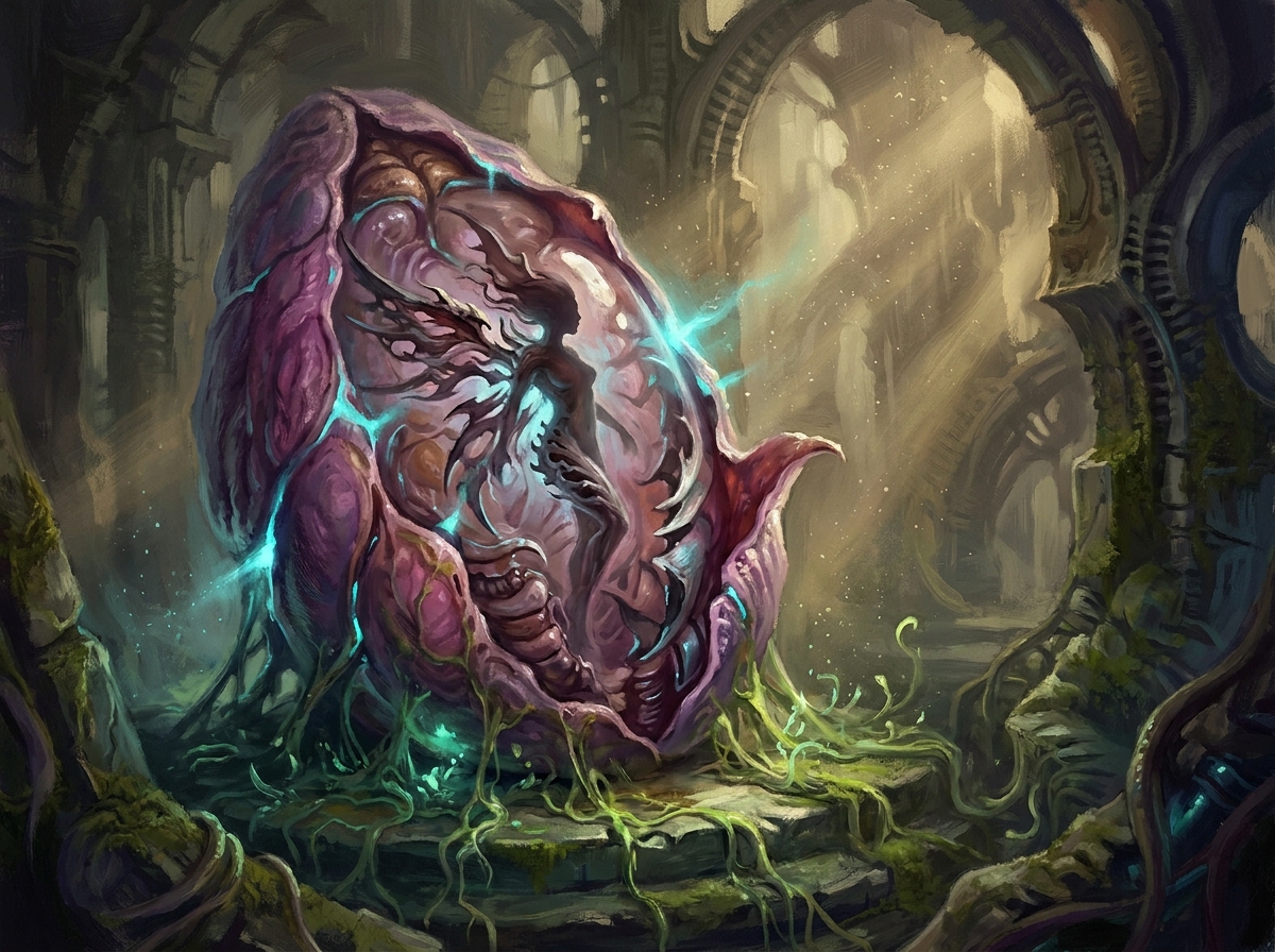 Kerrigans Verwandlung in einer Chrysalis, der Kokon halb abgestreift, ihre menschliche Form löst sich in Flügel-Klingen auf, Stacheln brechen aus ihrem Rücken