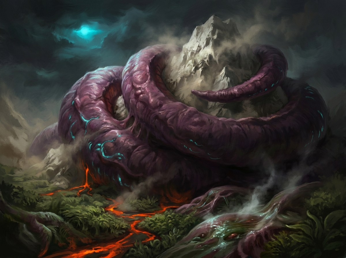 Zurvan der Urahne auf der Urwelt Zerus, seine Masse aus uraltem Fleisch um einen Berg aus Knochen gewunden, Lavakanäle durch Ur-Dschungel