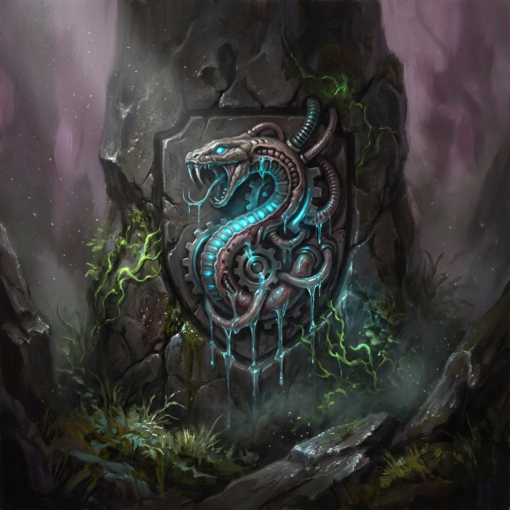 Eine Zerg-Schlangenwindung im Querschnitt, biomechanisch, Ichor tropft, in dunklen Stein eingearbeitet