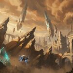 Die Trümmer der Hauptstadt auf Aiur: schwebende Kristall-Türme gebrochen und geneigt, goldenes Licht durch Ionensturm-Dunst, eine einsame Protoss-Beobachter-Drohne schwebt im Vordergrund