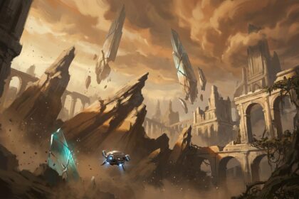 Die Trümmer der Hauptstadt auf Aiur: schwebende Kristall-Türme gebrochen und geneigt, goldenes Licht durch Ionensturm-Dunst, eine einsame Protoss-Beobachter-Drohne schwebt im Vordergrund