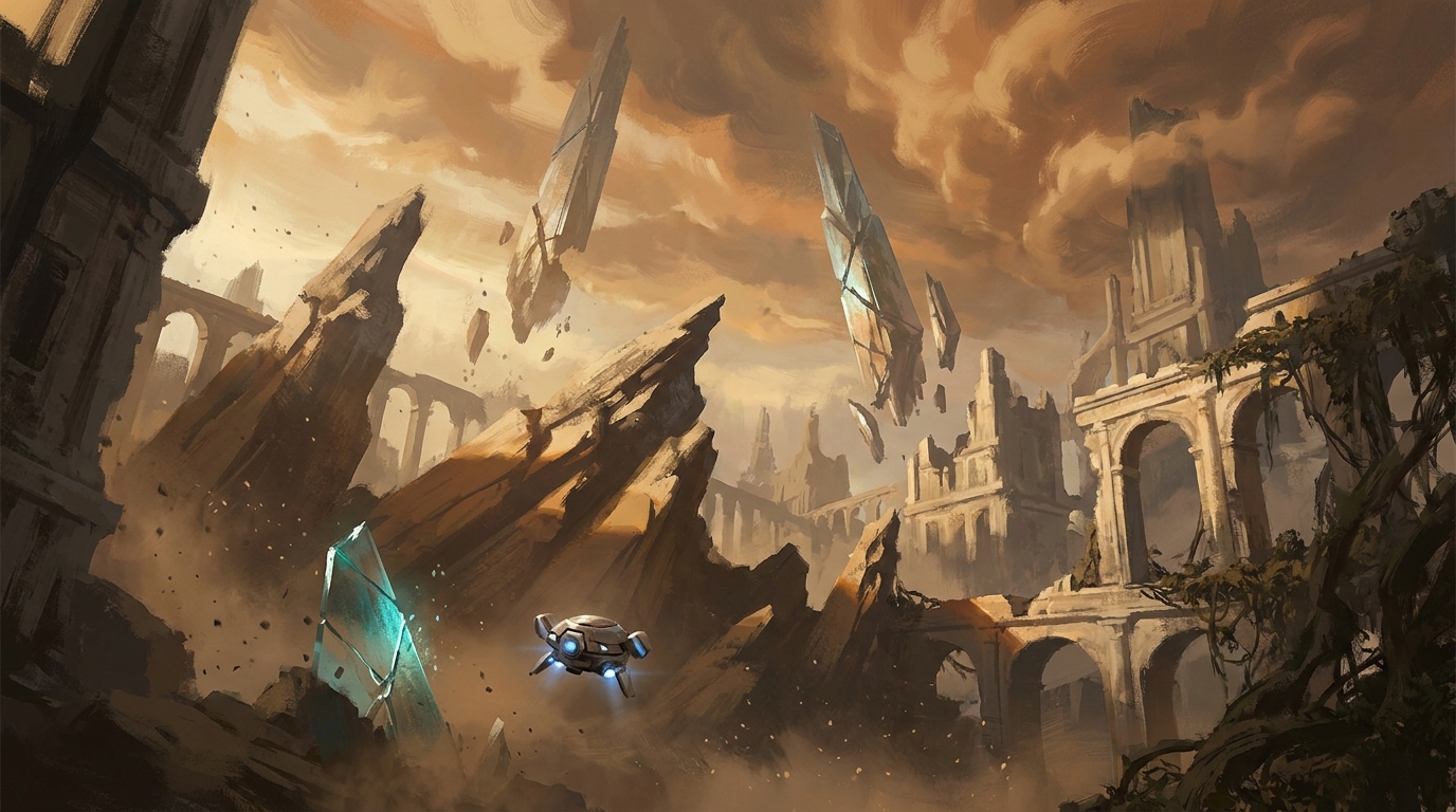 Die Trümmer der Hauptstadt auf Aiur: schwebende Kristall-Türme gebrochen und geneigt, goldenes Licht durch Ionensturm-Dunst, eine einsame Protoss-Beobachter-Drohne schwebt im Vordergrund