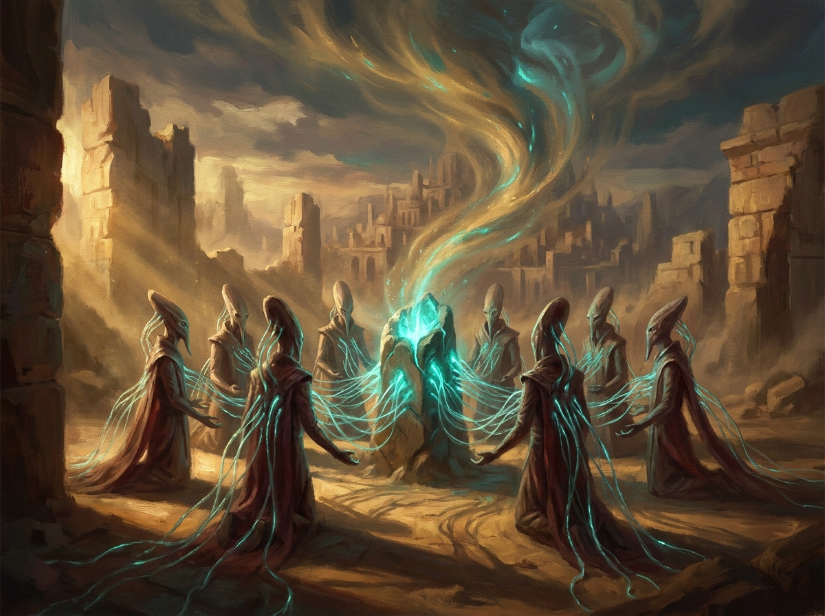 Ein Kreis aus Hohen Templern kniet um einen Khala-Fokus-Stein, ihre Nervenstränge glühen wie lebende Fäden, ein psionischer Wirbel spiralt in den Himmel