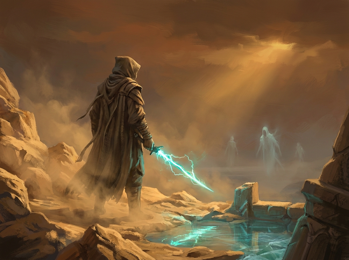 Ein Dunkler Templer im Exil auf einer namenlosen Leere-Welt, sein Gesicht verborgen, Void-Energie knistert entlang seiner Warp-Klinge, Schatten von Ahnen im Nebel