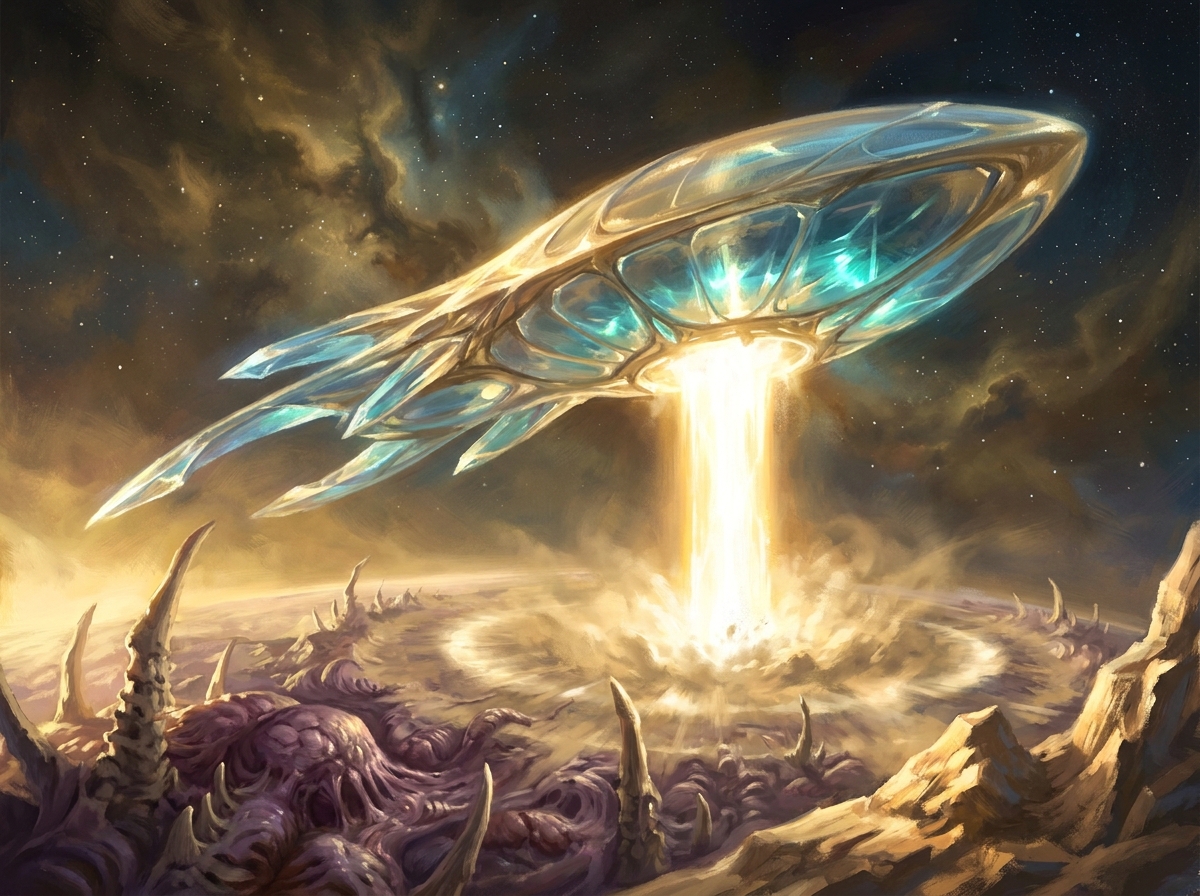 Tassadar opfert sich auf dem Gantrithor über dem Overmind auf Aiur, psionische Energie bricht als Lichtsäule aus und durchsticht die Zerg-Planetenschale