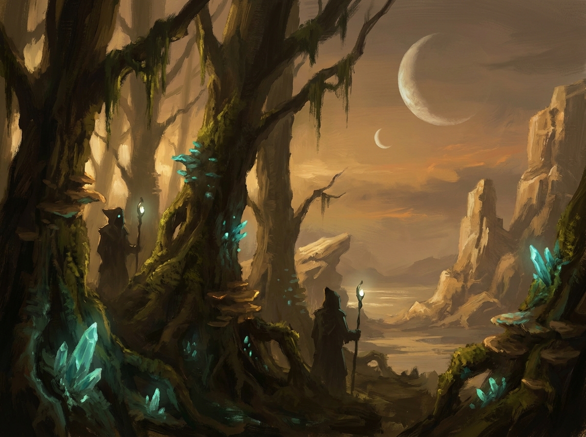 Die verhüllten Wälder von Shakuras in der Dämmerung, Dunkle-Templer-Wächter halb sichtbar zwischen biolumineszenten Bäumen, zwei Monde am Himmel