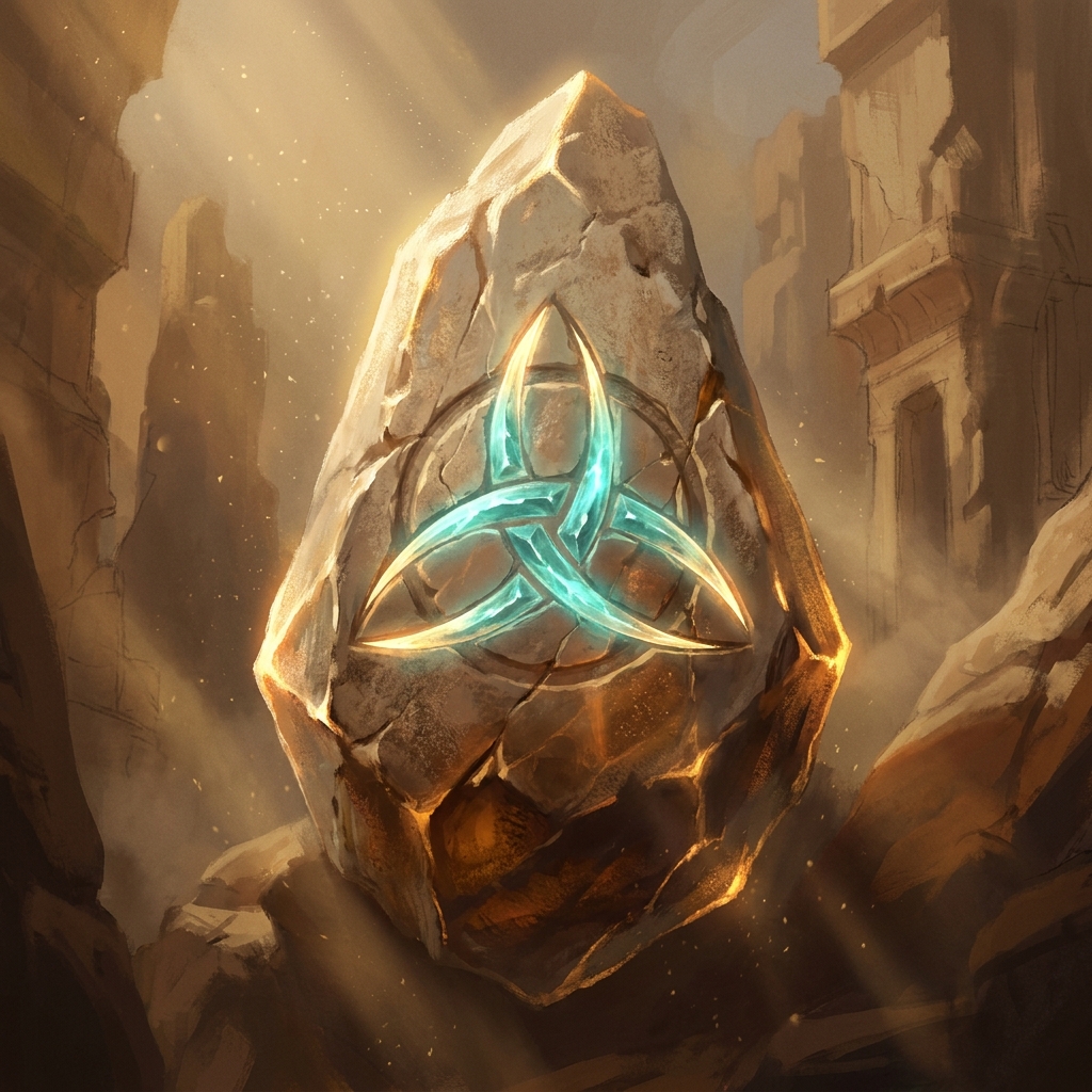 Dreieck-Triskele aus verschränkten Protoss-Psi-Klingen, in sonnen-gebleichte Kristall-Tafel graviert, Kanten fangen goldenes Licht