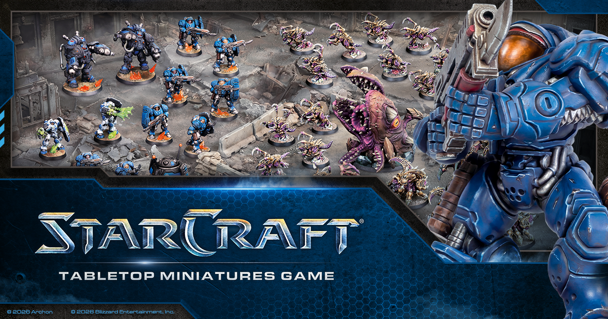 Bemalte Terran-, Zerg- und Protoss-Miniaturen aus dem StarCraft Tabletop Miniatures Game mit Spiel-Logo