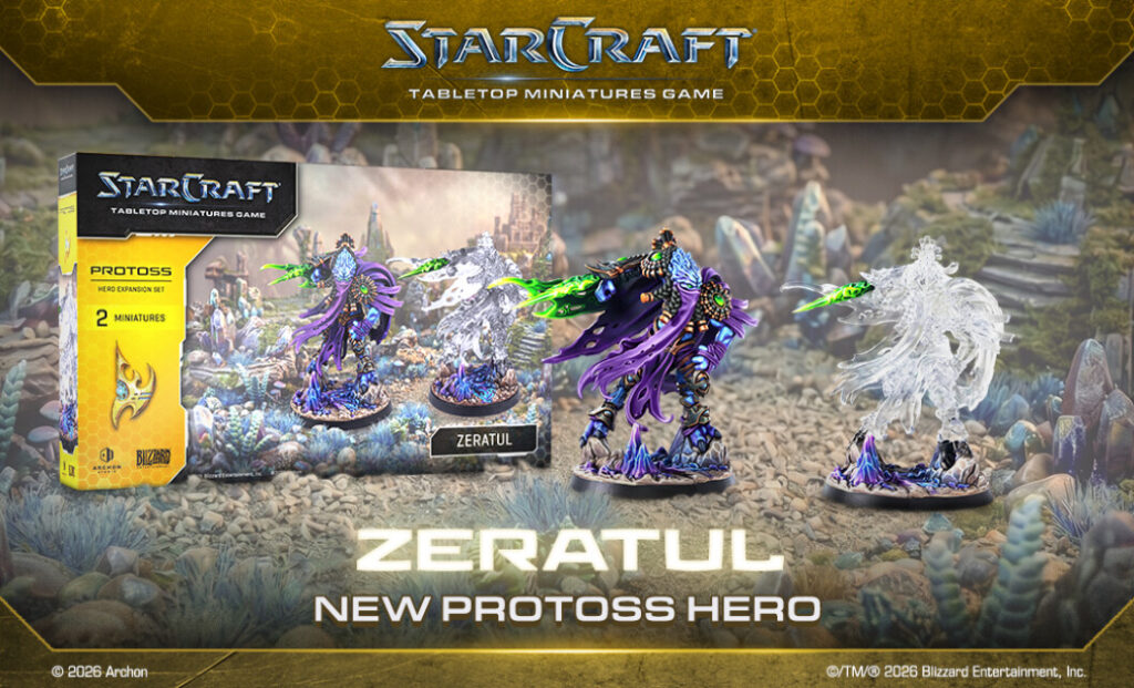 StarCraft TMG - Zeratul, der Dark Prelate, im offiziellen Header-Artwork zum Regel-Blog von Archon Studio (Quelle: https://starcraft-tmg.com/news/rules/zeratul-blade-in-the-shadows)