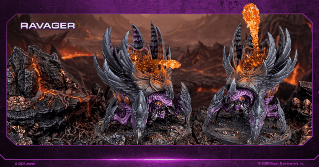 StarCraft TMG - Zwei Zerg-Ravager als offizieller Archon-Render, rechts im Moment des Corrosive-Bile-Schusses (Quelle: https://starcraft-tmg.com/about-the-game)