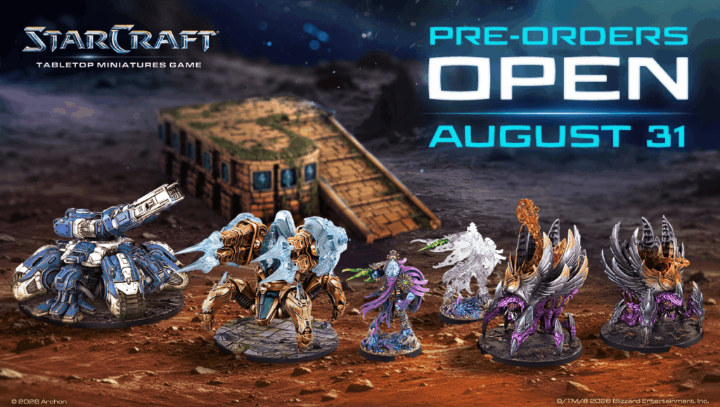 StarCraft TMG - offizieller Ankuendigungsbanner zum Vorbestellstart am 31. August mit Siege Tank, Immortal und Zerg-Miniaturen vor Lost-Temple-Terrain (Quelle: https://starcraft-tmg.com/)