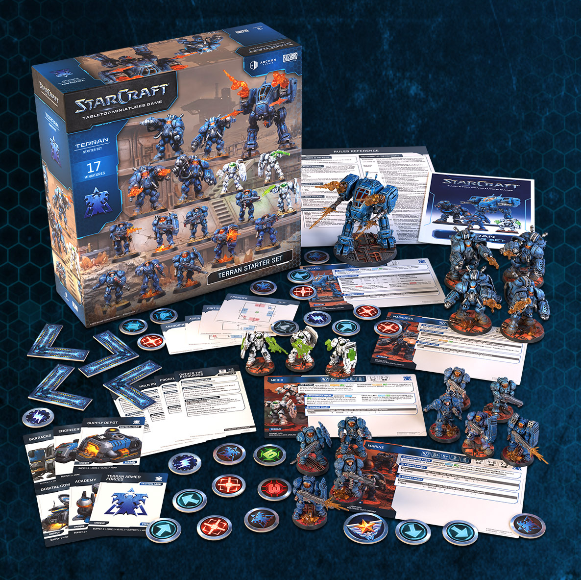 StarCraft TMG - Inhalt des neuen Terran Starter Set mit 17 Miniaturen, Referenzbögen, Einheitenkarten und Markern