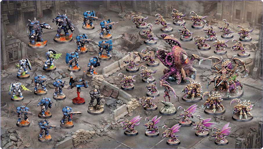 StarCraft TMG - bemalte Terraner- und Zerg-Armee aus der Founder's Edition auf Ruinengelaende (Quelle: https://taleofpainters.com/2026/06/starcraft-tmg-starter-set-founders-edition-review-better-value-than-armageddon/)