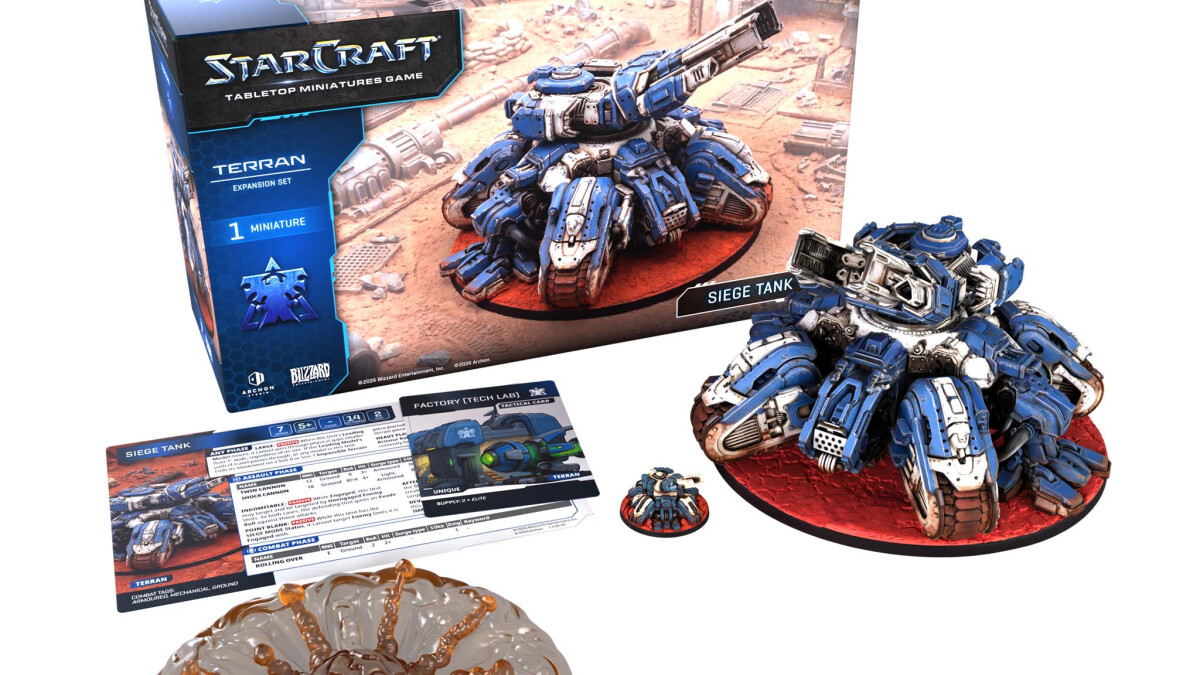 StarCraft TMG - Inhalt des Siege-Tank-Expansion-Sets: Box, Miniatur auf 150-mm-Base, Blast-Template und Karten (Quelle: https://starcraft-tmg.com/shop/pre-orders/starcraft-siege-tank-terran-expansion-set)