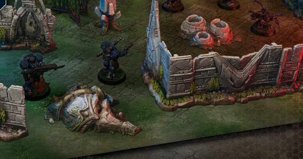 StarCraft TMG - Lost Temple Terrain-Set aufgebaut, Terran-Marines und Zerg auf der Spielmatte, Ausschnitt aus dem offiziellen Archon-Studio-Box-Art (Quelle: https://www.philibertnet.com/en/starcraft/172751-starcraft-lost-temple-terrain-expansion-set-5901397106182.html)