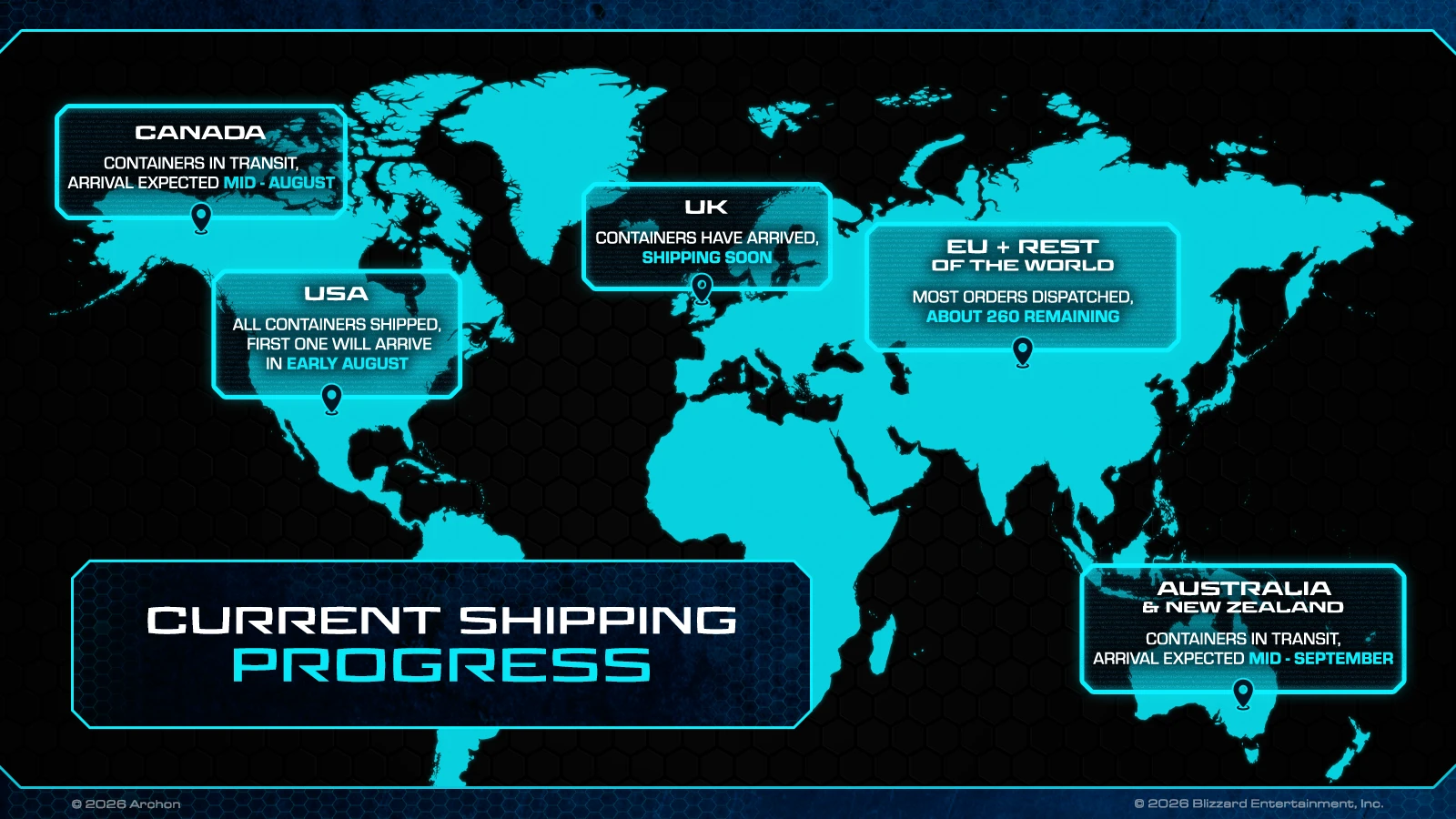 StarCraft TMG - Archons Weltkarte zum Lieferstand der ersten Welle mit Terminen fuer USA, Kanada, UK, EU und Australien