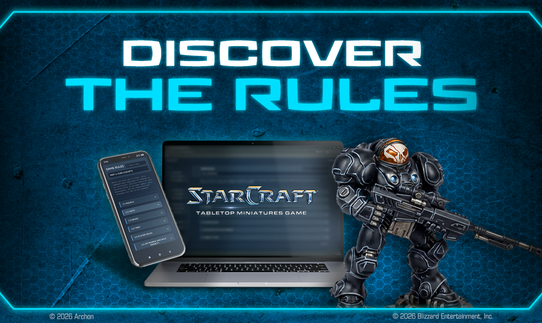 StarCraft TMG - offizieller Banner zum digitalen Regelwerk, Terran-Marine neben Laptop und Smartphone mit der Regel-App