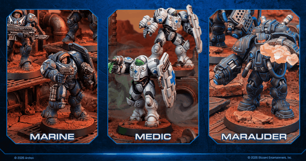 StarCraft TMG - bemalte Terran-Miniaturen Marine, Medic und Marauder aus dem Two Player Starter Set (Quelle: https://starcraft-tmg.com/about-the-game)