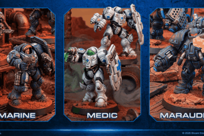 StarCraft TMG - bemalte Terran-Miniaturen Marine, Medic und Marauder aus dem Two Player Starter Set (Quelle: https://starcraft-tmg.com/about-the-game)