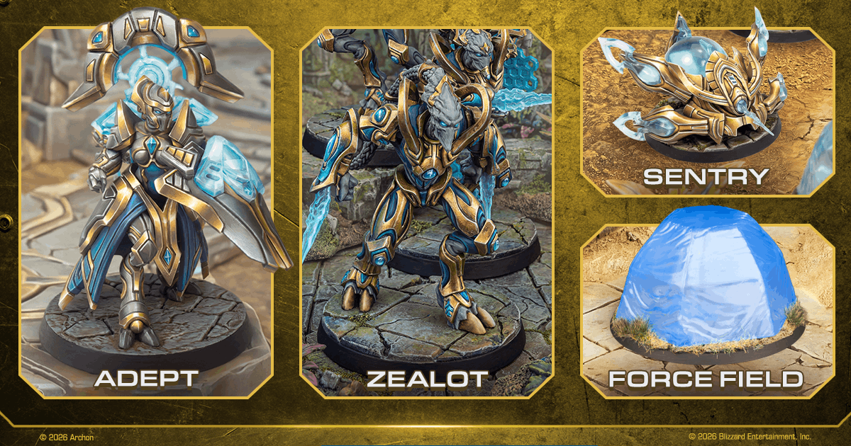 StarCraft TMG - Protoss-Miniaturen Adept, Zealot, Sentry und Force Field aus dem Protoss Starter Set (Quelle: https://starcraft-tmg.com/about-the-game)