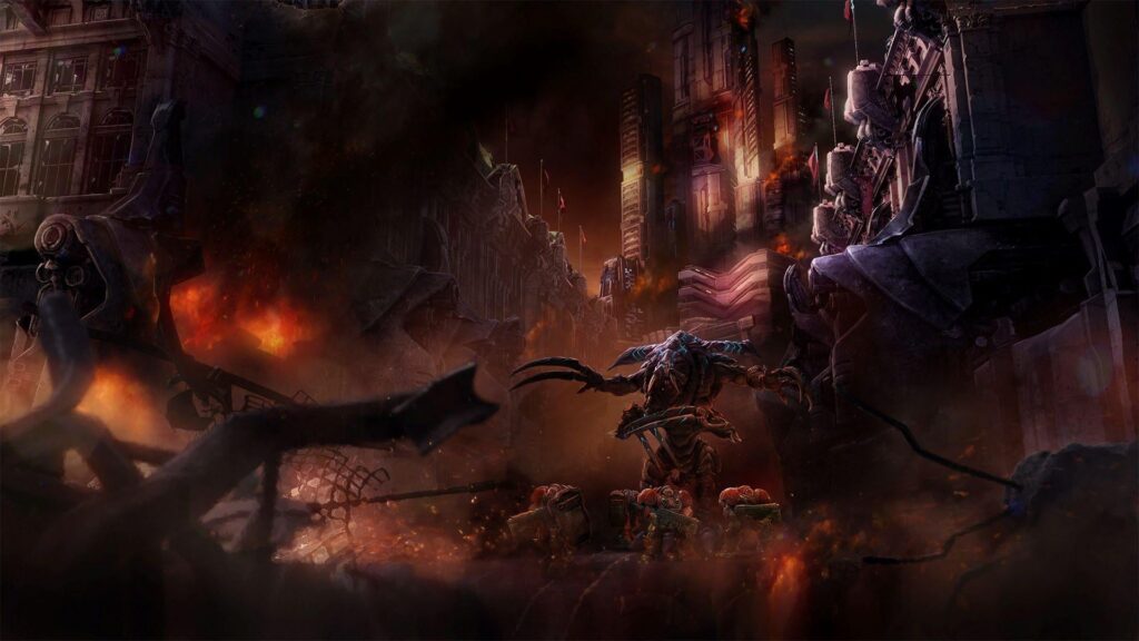 StarCraft TMG - Hybrid mit Sichelklauen ueber drei Marines in Augustgrad, Ladebildschirm der Mission Brothers in Arms aus StarCraft II: Legacy of the Void (Quelle: Blizzard Entertainment, via https://www.reddit.com/r/StarCraftTMG/comments/1wjgy47/is_this_a_protosszerg_hybrid/)