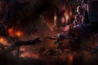 StarCraft TMG - Hybrid mit Sichelklauen ueber drei Marines in Augustgrad, Ladebildschirm der Mission Brothers in Arms aus StarCraft II: Legacy of the Void (Quelle: Blizzard Entertainment, via https://www.reddit.com/r/StarCraftTMG/comments/1wjgy47/is_this_a_protosszerg_hybrid/)