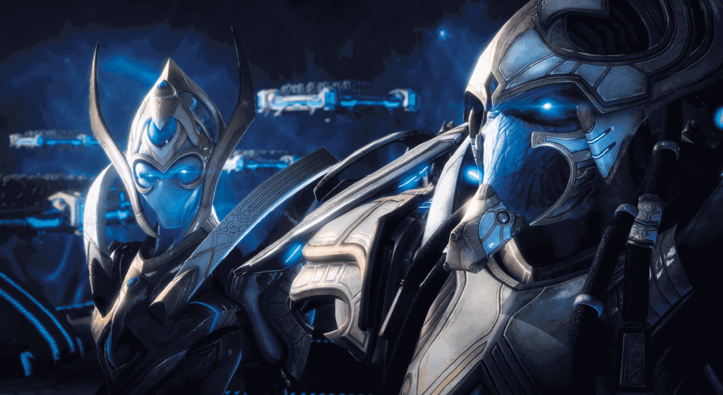 StarCraft TMG - Artanis und Protoss-Krieger, offizielles Artwork (Quelle: https://starcraft-tmg.com/)