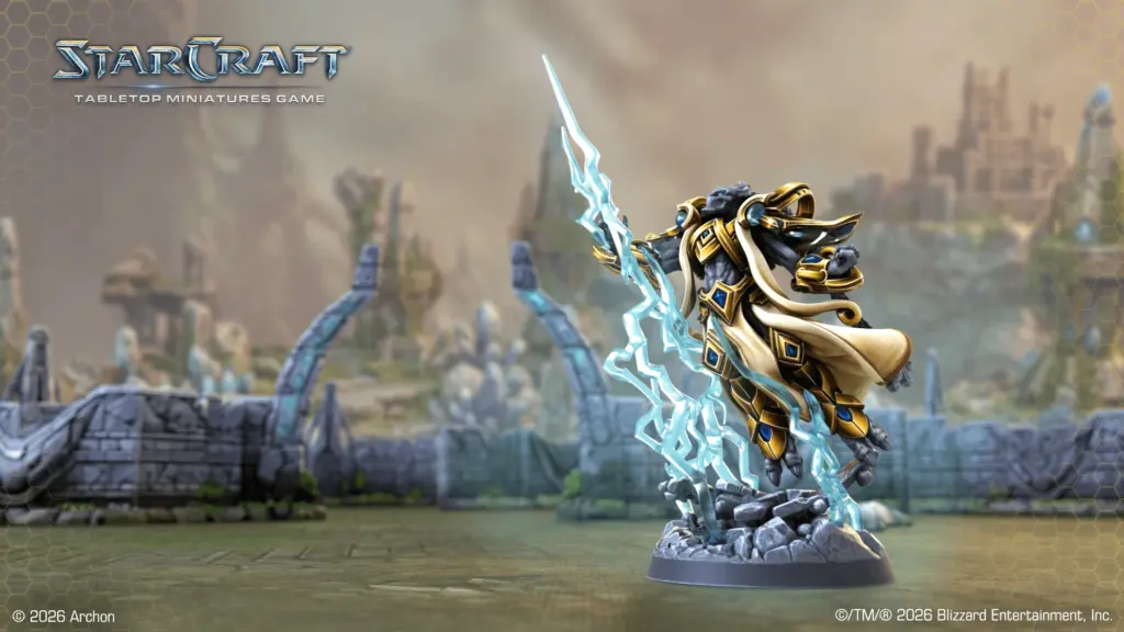 StarCraft TMG - Tassadar-Miniatur aus Welle 3, offizieller Render (Quelle: https://starcraft-tmg.com/news/rules/protoss-tassadar-high-templar-wave-3)