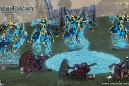 StarCraft TMG - Vier High Templar aus Welle 3 mit Psi-Sturm gegen Zerglinge, offizieller Render (Quelle: https://starcraft-tmg.com/news/rules/protoss-tassadar-high-templar-wave-3)