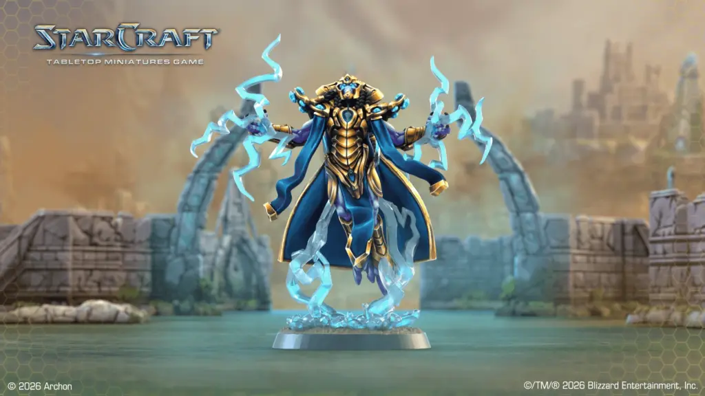 StarCraft TMG - High Templar aus Welle 3 mit Psi-Blitzen, offizieller Render (Quelle: https://starcraft-tmg.com/news/rules/protoss-tassadar-high-templar-wave-3)