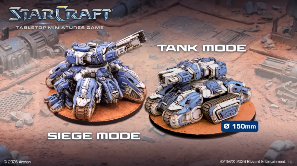 StarCraft TMG - Siege Tank im Belagerungs- und im Panzermodus auf 150-mm-Base (Quelle: https://starcraft-tmg.com/news/rules/siege-tank-thunder-from-the-high-ground)